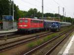 mit Zugen/43845/die-dienstlteste-lok-115-114-1-zog Die dienstlteste Lok, 115 114-1 zog im Juni EN 477 von Berlin Wannsee Richtung Wien und Budapest. Daneben fhrt eine Kf der MWB aufs Abstellgleis, nachdem sie den Autowagen der BB an den Zug rangiert hat.