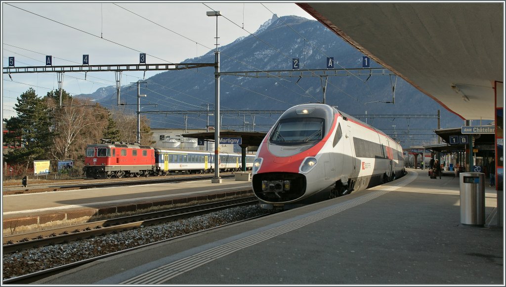 Ein ETR 610 auf dem Weg von Milano nach Gen�ve bei der Durchfahrt in Martigny. 
27. Jan. 2013