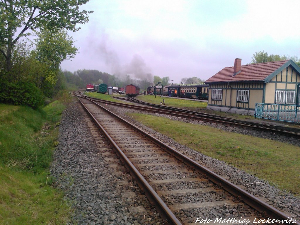 Mit 5 Minuten Versp�tung ging die Fahrt los f�r die R�BB 99 1784 nach G�hren & links sieht man die 112 565-7 (DB 202 565-8) in Putbus am 10.5.13