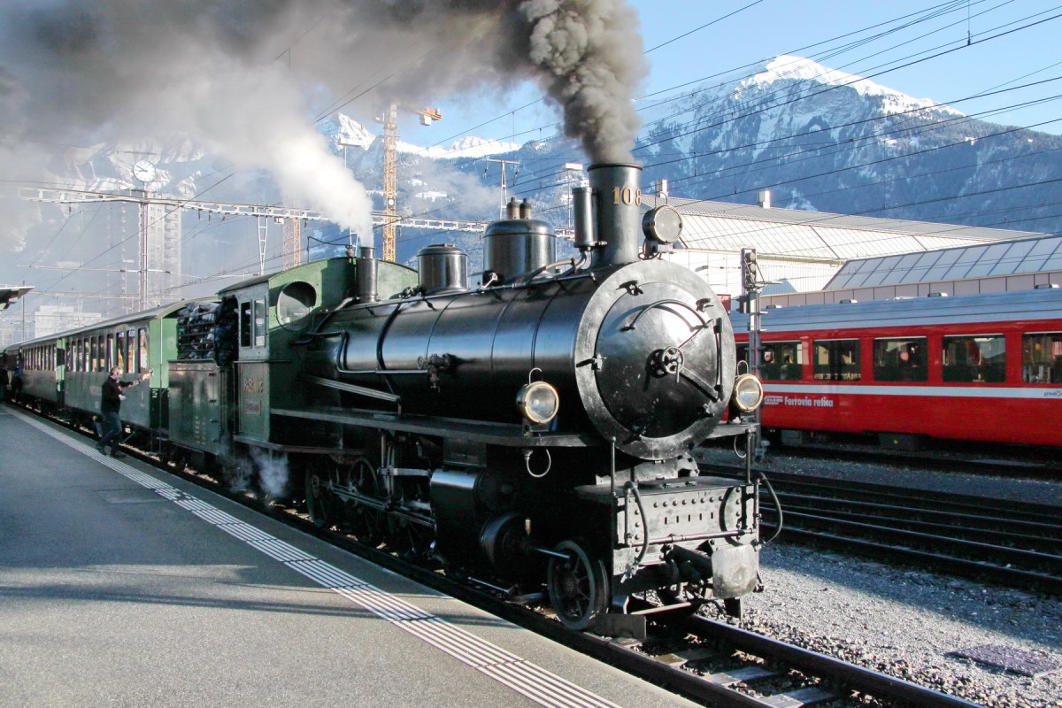125 Rh�tische Bahn,Dampfextrazug mit G4/5 108  Engiadina (SLM 1906)nach Disentis/Muster kurz vor der Abfahrt in Landquart.23.02.14 
