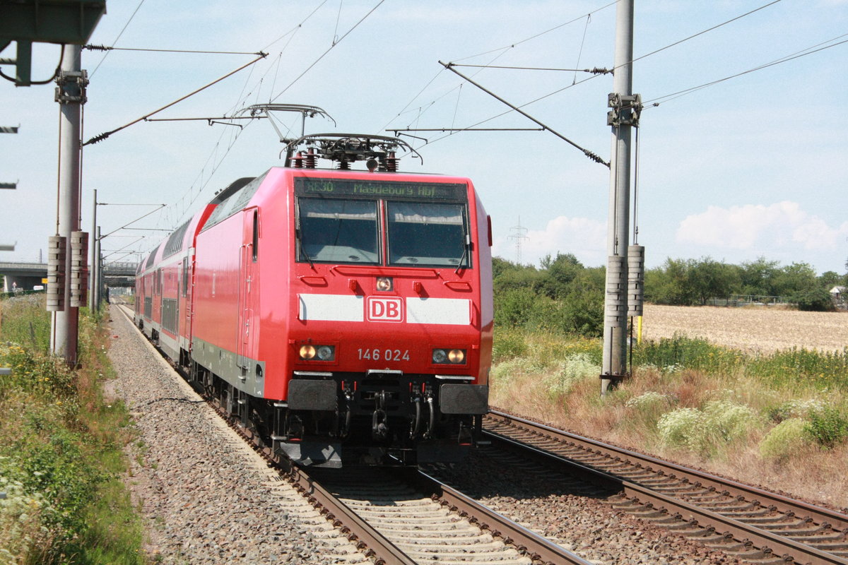 146 024 mit dem RE30 mit ziel Magdeburg Hbf bei der einfahrt in Z�beritz am 14.7.20
