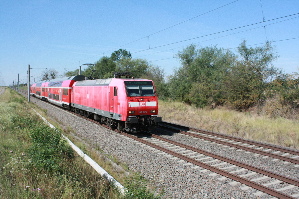 146 026 mit dem RE30 mit ziel Magdeburg Hbf zwischen Z�beritz und Niemberg am 30.7.20