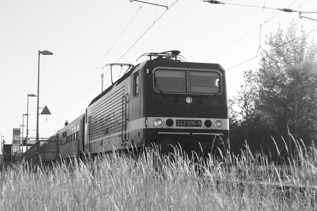 243 005 mit 232 601 der WFL am Zugschluss verl�sst den Bahnhof Ortrand in Richtung Cottbus am 15.5.22