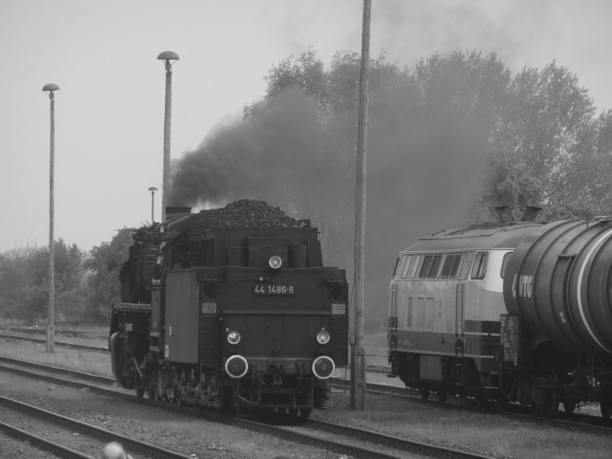 44 1486 macht F�hrerstandsmitfahrten im Egelner Bahnhof am 6.5.17