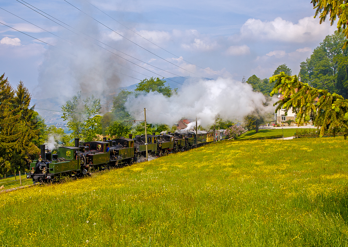 
50 Jahre BC - MEGA STEAM FESTIVAL der Museumsbahn Blonay–Chamby: Ein Höhepunkt war am Samstag (19.05.2018) der von gleich sieben Dampfloks gezogene Zug von Blonay nach Chamby, der hier nun bald Chamby erreicht. 

Die Loks (von vorne nach hinten) waren hier, 
- die G 3/3 LEB N° 5 (Bj. 1890), erhalten Sammlung B-C;  
- die G 3/3 BAM N° 6, teilw. auch als JS N° 909 beschildert (Bj. 1901), erhalten Sammlung B-C; 
- die G 3/4 SBB 208 (Bj. 1913) der Brünig Tallinie, erhalten durch die Ballenberg Dampfbahn;
- die G 2x 2/2 Malletdampflok CP  E 164 (Bj. 1905), ex Caminhos de Ferro de Portugal, erhalten durch La Traction SA; 
- die G 2x 2/2 Malletdampflok SEG 105  Todtnau  (Bj. 1918), erhalten Sammlung B-C; 
- die HG 3/4 - FO 4 (Bj. 1913), Furka-Oberalp-Bahn, erhalten durch die Dampfbahn Furka Bergstrecke, 
- sowie die HG 3/4 BFD N° 3, (Bj. 1913) ex Brig-Furka-Disentis (BFD), später FO, erhalten Sammlung B-C

Aber wie es Stefan schon schrieb, wären mir auch Züge mit einzelnen Dampfloks in kurzer Abfolge lieber gewesen.  
Auch wenn alle Loks unter Dampf standen, stellt sich mir die Frage ob alle gearbeitet haben. Denn das ist die hohe Kunst, sieben Loks in einen Gleichlauf zu bekommen und zu halten.   

Aber beeindrucken war es auf alle Fälle!!!