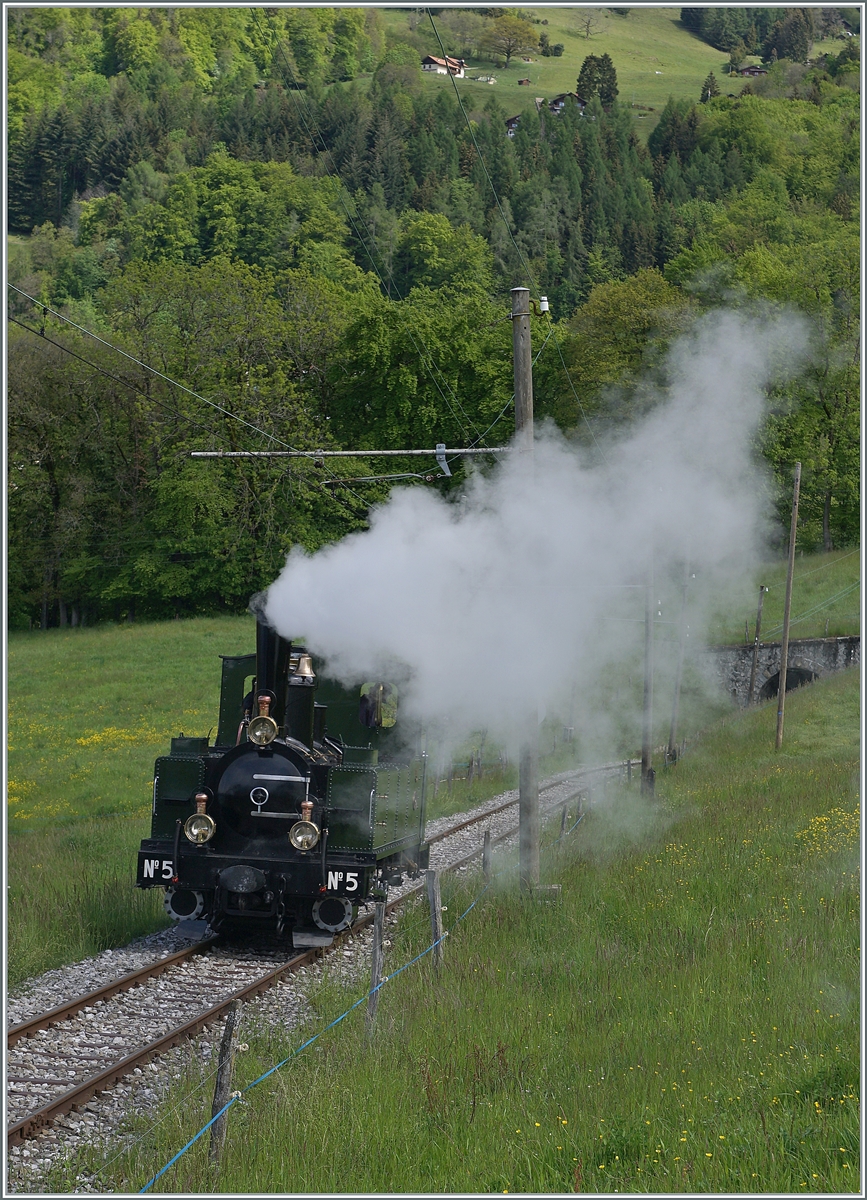 Allein dampft die LEB G 3/3 N° 5 der Blonay-Chamby Bahn bei Cornaux in Richtung Blonay.

22. Mai 2021