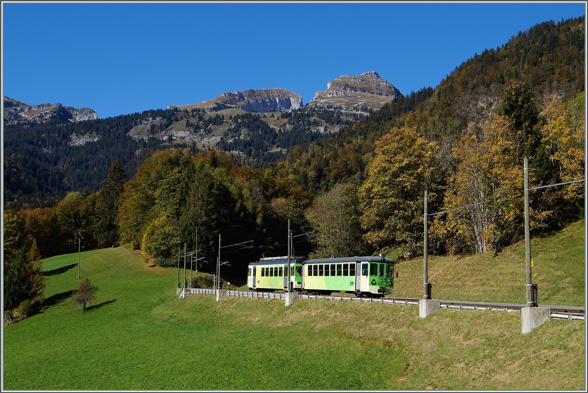 ASD BDe 4/4 mit Bt  zwischen Le Sépey und Les Planches auf der Fahrt Richtung Les Diablerets 18. Okt. 2014