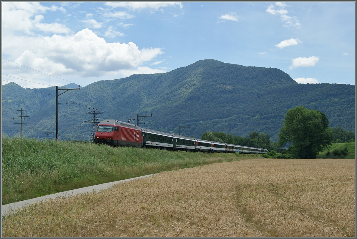 Auf der Fahrt nach Locarno ist der Fluss Ticino ist ein letztes Mal überbrückt worden und der IR erreicht in Kürze sein Ziel.
21. Juni 2015