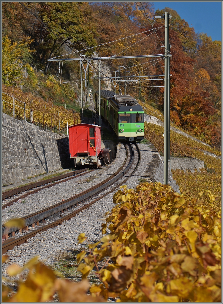 Der A-L Regionalzug 245 von Leysin nach Aigle erreicht den kleinen Bahnhof Fontanney. 
1. Nov. 2015
