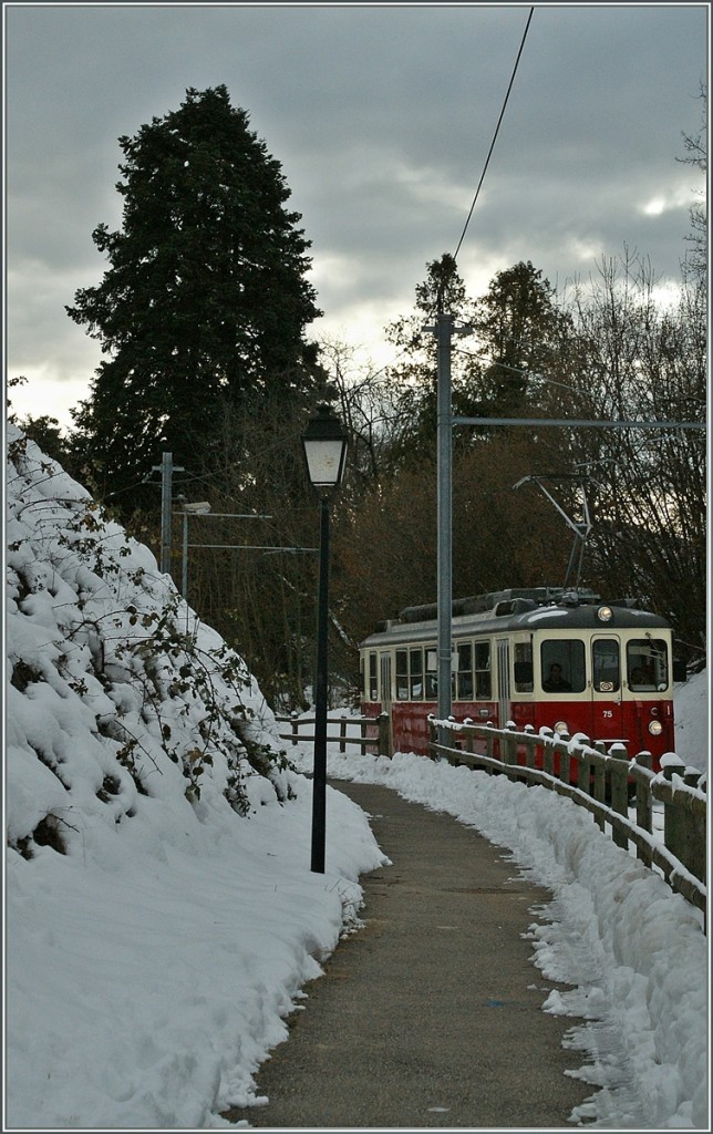 Der CEV BDeh 2/4 N� 75 ind er verschneiten Landschaft zwischen Blonay und St-Legier. 
13. Dez. 2013