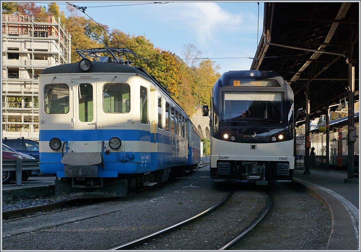 Der MOB Be 4/4 1003 neben dem MVR ABeh 2/6 7505 in Vevey
Leider konnte der kurz aufflammende Hoffnungsschimmer, den Be 4/4 in seiner Heimat aufarbeiten zu lassen nicht verwirklicht werden. 
Der Be 4/4 1003 wurde 1958 bei der FLP in Betrieb genommen und ist seit 1981 bei der MOB.
17. Okt. 2017