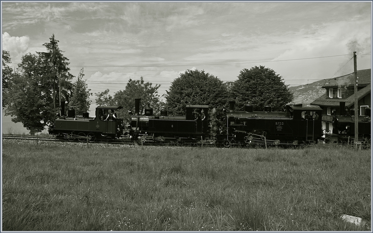 Der Museumszug war gleich mit vier Dampflokc bespant, leider passten auf dieses Bild nur drei...
Von links nach Rechts: G 3/3 (LEB) G 3/3 JS/BAM und die BFD HG 3/4 N° 3.
3. Juni 2017