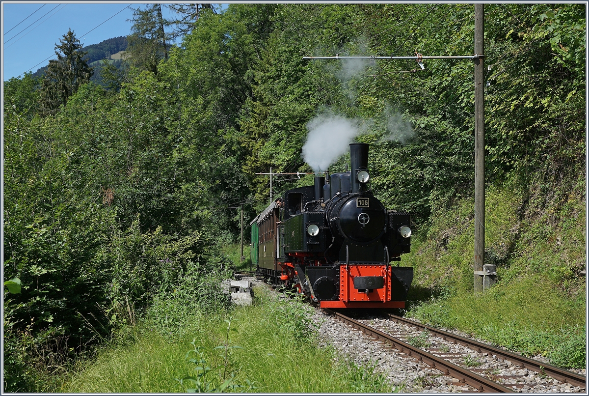 Die Blonay-Chamby Bahn G 2x 2/2 105 schiebt ihren Zug von Chamby nach Chauli. 

25. Juli 2020