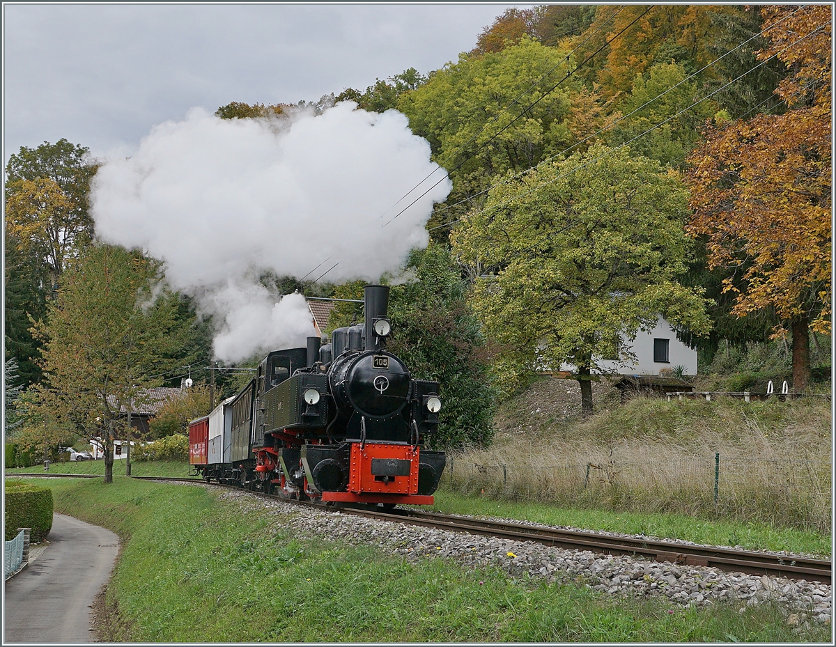 Die Blonay-Chamby G 2x 2/2 N§ 105 ist kurz nach der Abfahrt in Blonay auf der Fahrt nach Chaulin. 

11. Okt. 2020