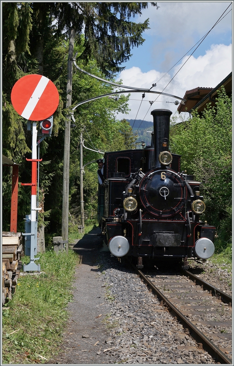 Die Blonay Chamby G 3/3 N° 6 beim Einfahrsignal in Chaulin. 

15. Mai 2016