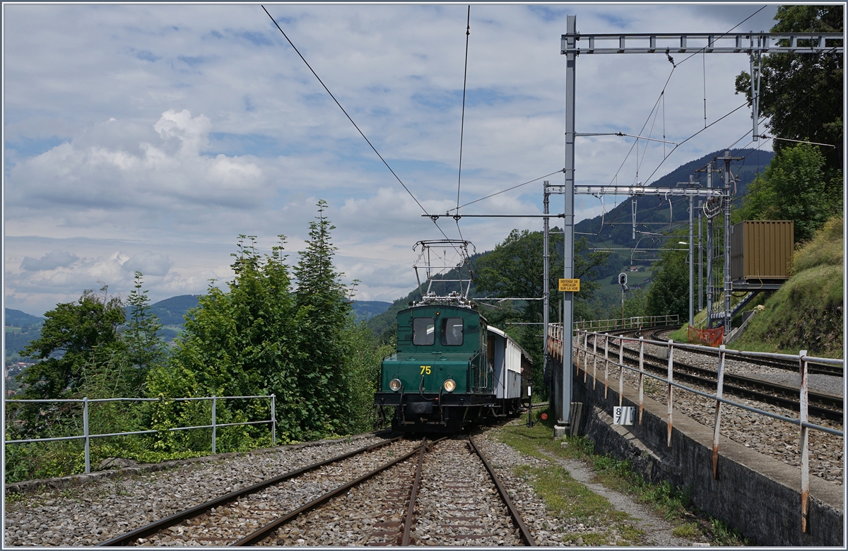 Die Blonay-Chamby +GF+ Ge 4/4 75 mit ihrem Museumszug erreicht Chamby.

13. Juni 2020