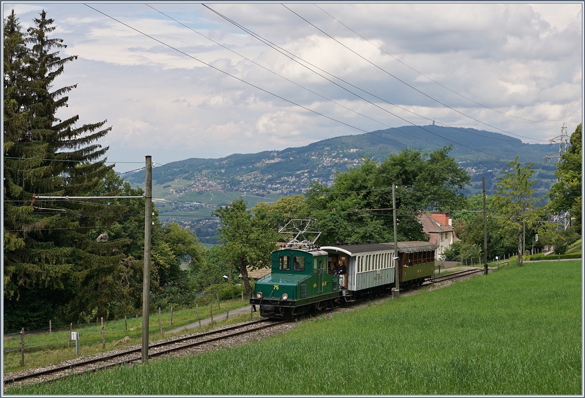 Die Blonay-Chamby +GF+ Ge 4/4 75 mit ihrem Museumszug bei Chaulin.

 13. Juni 2020