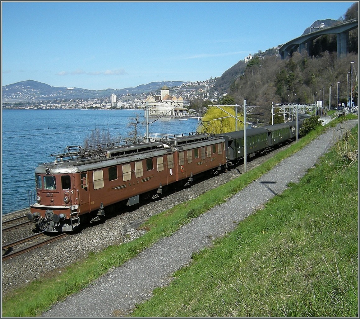 Die BLS Ae 8/8 auf einer Sonderfahrt am Genfersee beim Schloss Chillon. 
29. März 2008