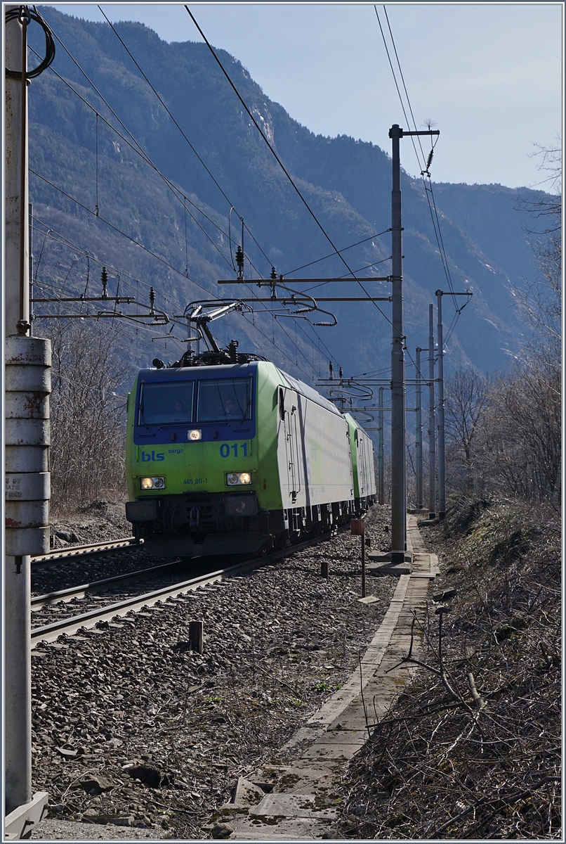 Die BLS Re 485 001 und eine weiter mit einer durch die beiden Loks verdeckten RoLa auf dem Weg nach Freiburg i.B kurz vor Varzo.
11. März 2017