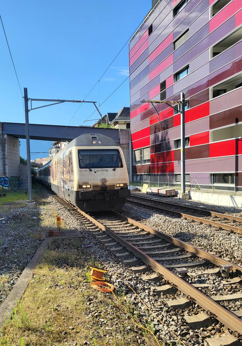 Die SBB Re 460 019-3  175 Jahre Schweizer Bahnen   erreicht mit einem IR 90 nach Genève Aéroport den Bahnhof von Montreux. 
27 Juli 2024