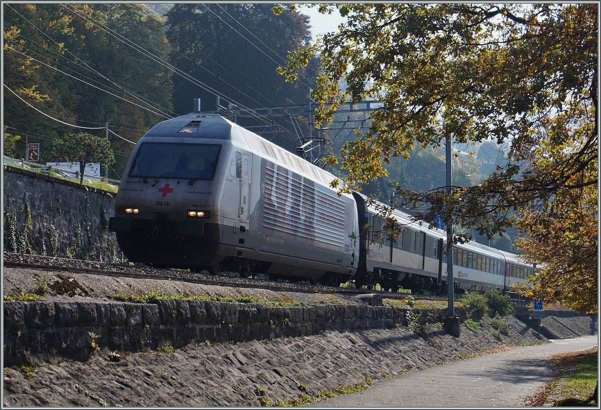 Die SBB Re 460 41-7  Rots Kreuz  mit einem IR kurz nach Villeneuve. 

21. Okt. 2015
