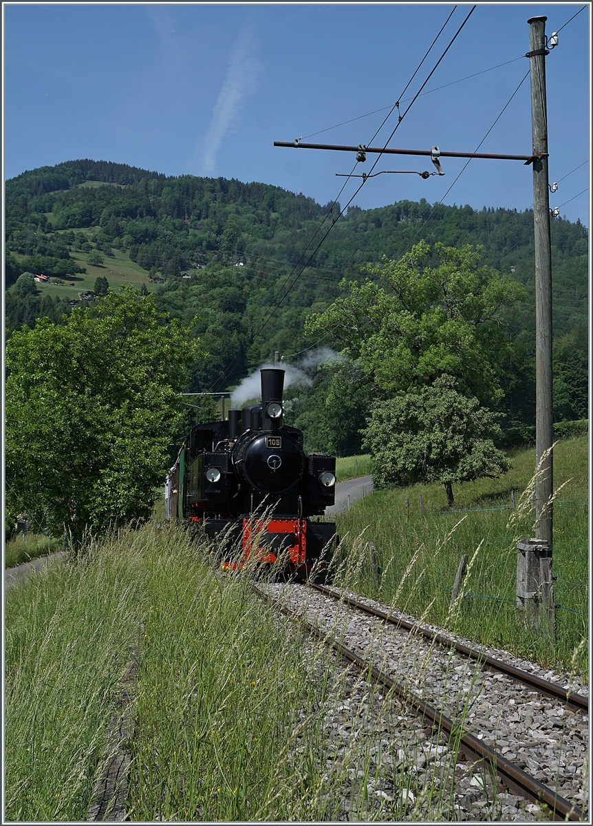 Die SEG G 2x 2/2 105 der Blonay-Chamby Bahn ist bei Cornaux auf dem Weg nach Chamby.

21. Mai 2022 