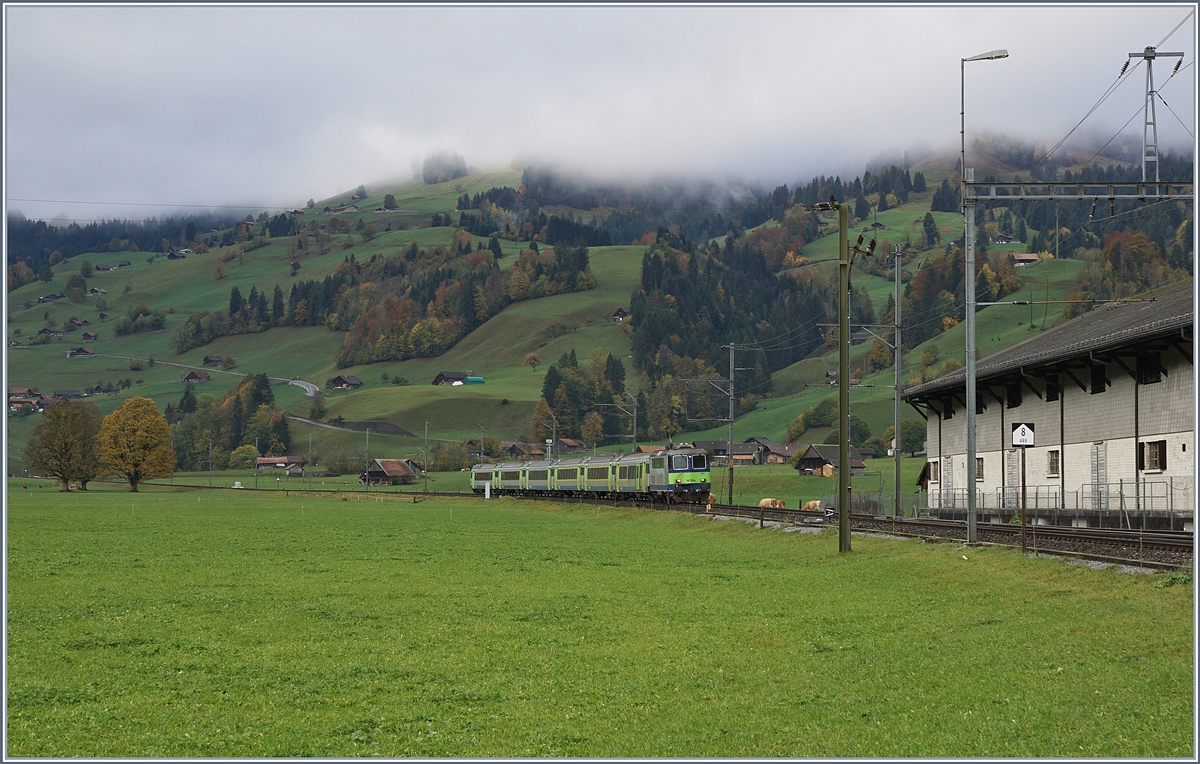 Durch die weiter Ebene des Simmentals fahrend erreicht die BLS Re 4/4 II 501 mit ihrem RE in Kürze Boltigen. 

22. Okt. 2019