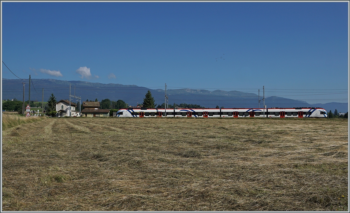 Ein Léman Express SL 5 auf der Fahrt nach La Plaine bei der Durchfahrt in Bourdigny. Eine Haltestelle die nicht mehr genutzt wird. 

19. Juli 2021