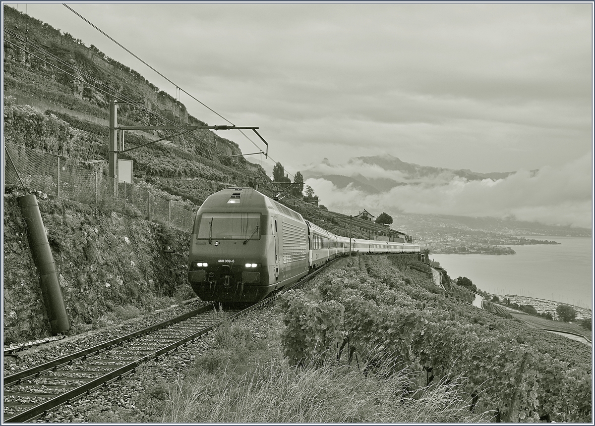 Eine SBB Re 460 quält sich im Umleitungsverkehr mit einem IR 90 die steigeung der Train des Vignes Strecke hinauf.

29. Aug. 2020