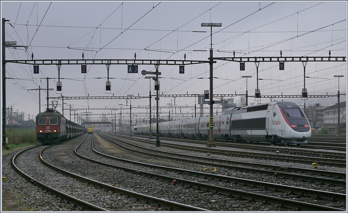 Eine SBB Re 6/6 und der TGV 4415 Lyria im Rangierbahnhof von Biel. 
5. April 2019