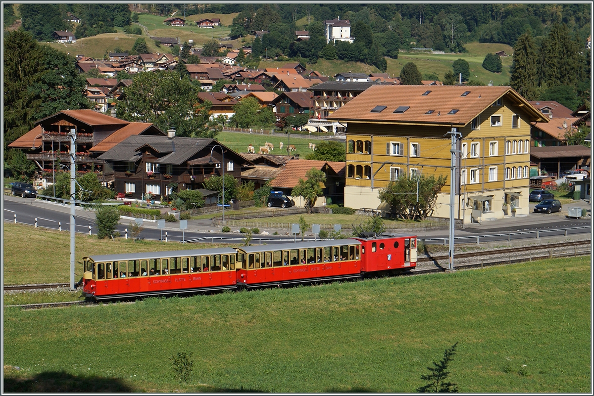 Eine SPB HGe 2/2 hat Wilderswill verlassen und schiebt nun ihren Zug Berwärts.
12. Juli 2015