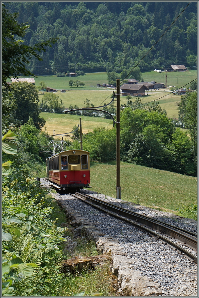 Eine SPB HGe 2/2 hat Wilderswill verlassen und schiebt nun ihren Zug Berwärts.
12. Juli 2015