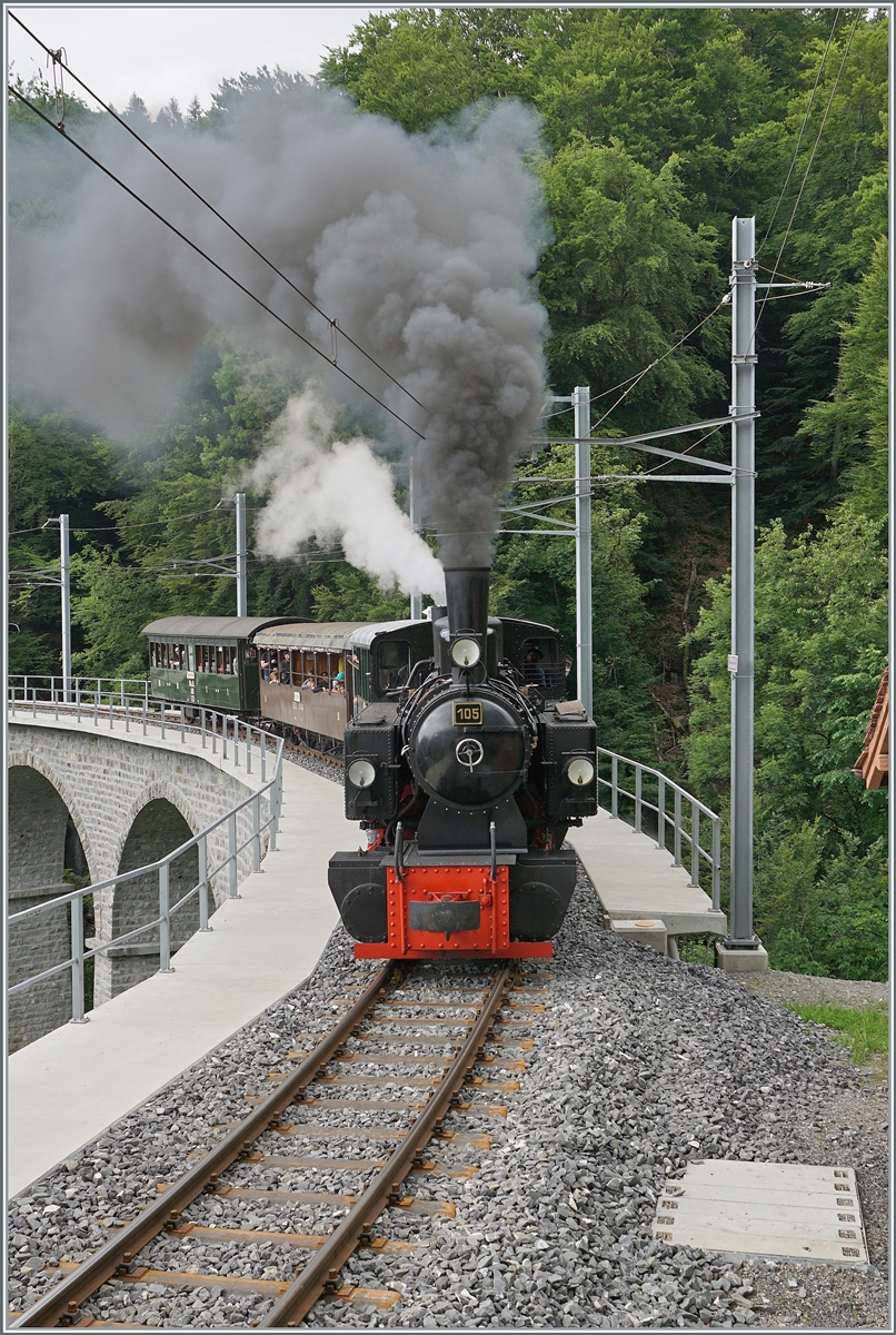 Festival Suisse de la vapeur (Schweizer Dampffestival 2025) - Die SEG G 2x 2/2 105 mit einen Dampfzug auf der Fahrt von Blonay nach Chaulin auf dem Baye de Clarens Viadukt unterwegs.

8. Juni 2025