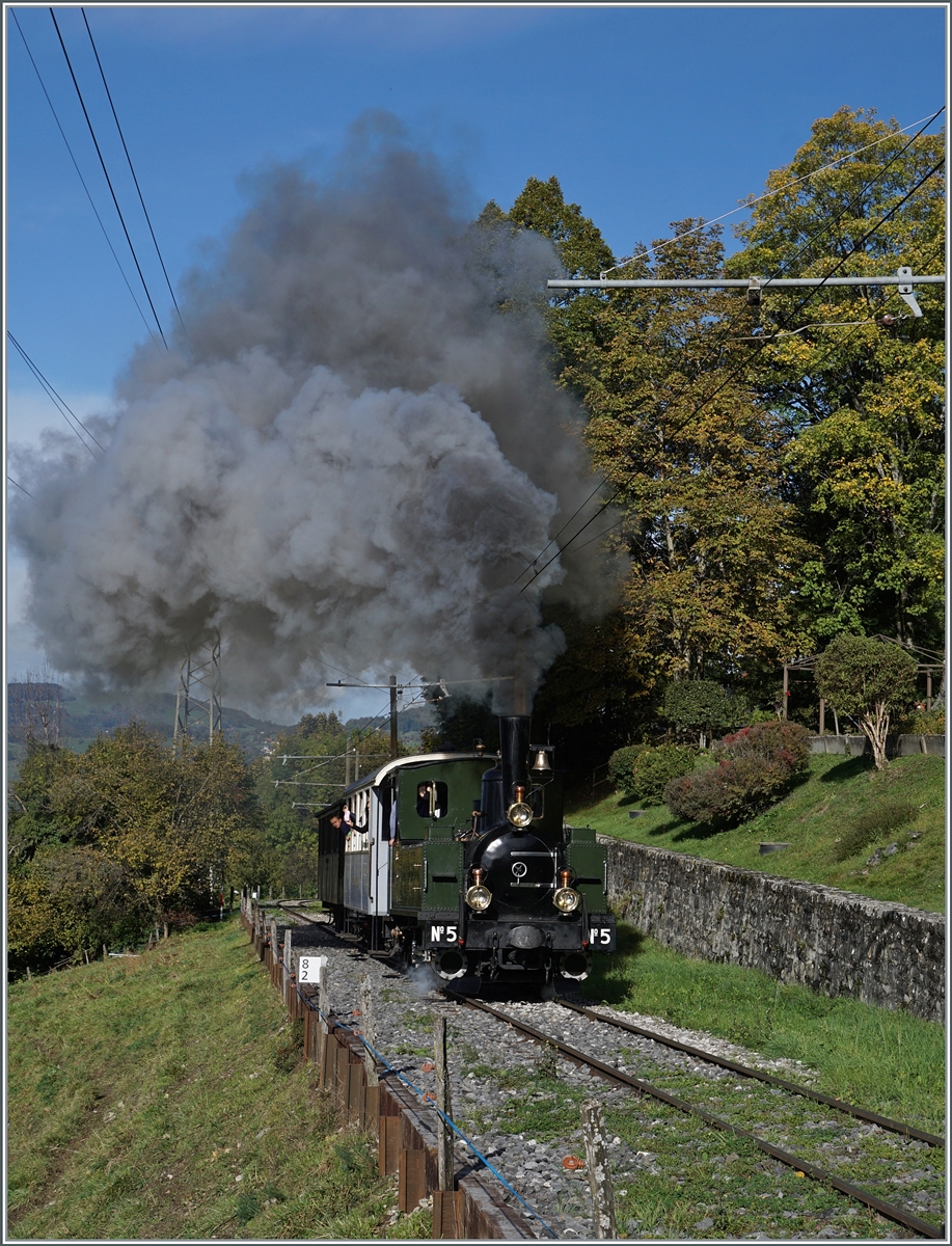 Kräftig dampfend fährt die LEB G 3/3 N° 5 der Blonay Chamby Bahn bei Chaulin in Richtung Chamby. 

28. Okt. 2023 