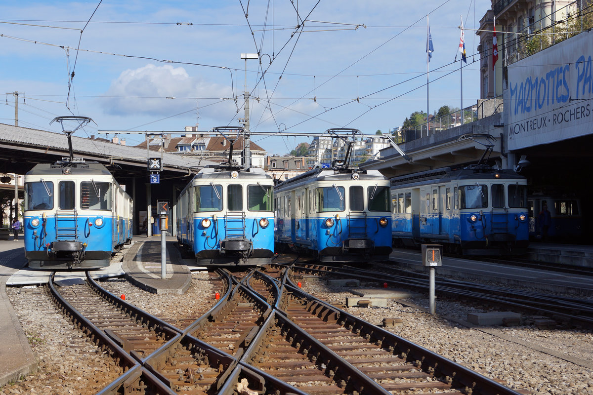 MOB: Die vier ABDe 8/8 4001 bis 4004 in Montreux vereint am 17. April 2017.
Foto: Walter Ruetsch