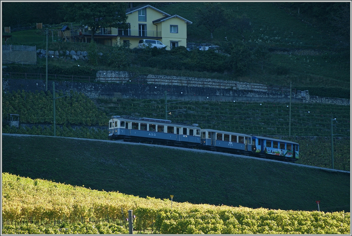 Nachdem ich sei Juli auf den ASD  Jubiläumszug  wartet, war ich heute, die AL im Fokus, erst doch etwas enttäuscht, als mit der BCF 4/4 N° mit seinem Anhang kaum fotografierbar an mir vorbei surrte. 
Bei Aigle, den 18. Oktober 2014