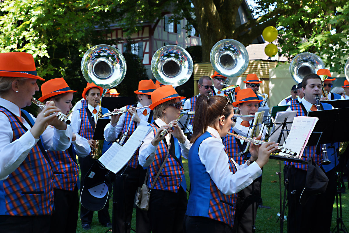 RBS/SZB:
100 JAHRE SOLOTHURN-BERN
Am 27. August 2016 feierte der RBS (ehemals SZB) sein Jahrhundertfest in Solothurn, Bern und Jegenstorf. Zu diesem erfreulichen Gross Anlass spielte am 27. August 2016 die Musikgesellschaft Bätterkinden mit hübschen Musikantinnen (natürlich wie es sich gehört mit aufgesetztem orangem RBS Hut!) im Schlosspark Jegenstorf den Geburtstagsmarsch.
Foto: Walter Ruetsch 

