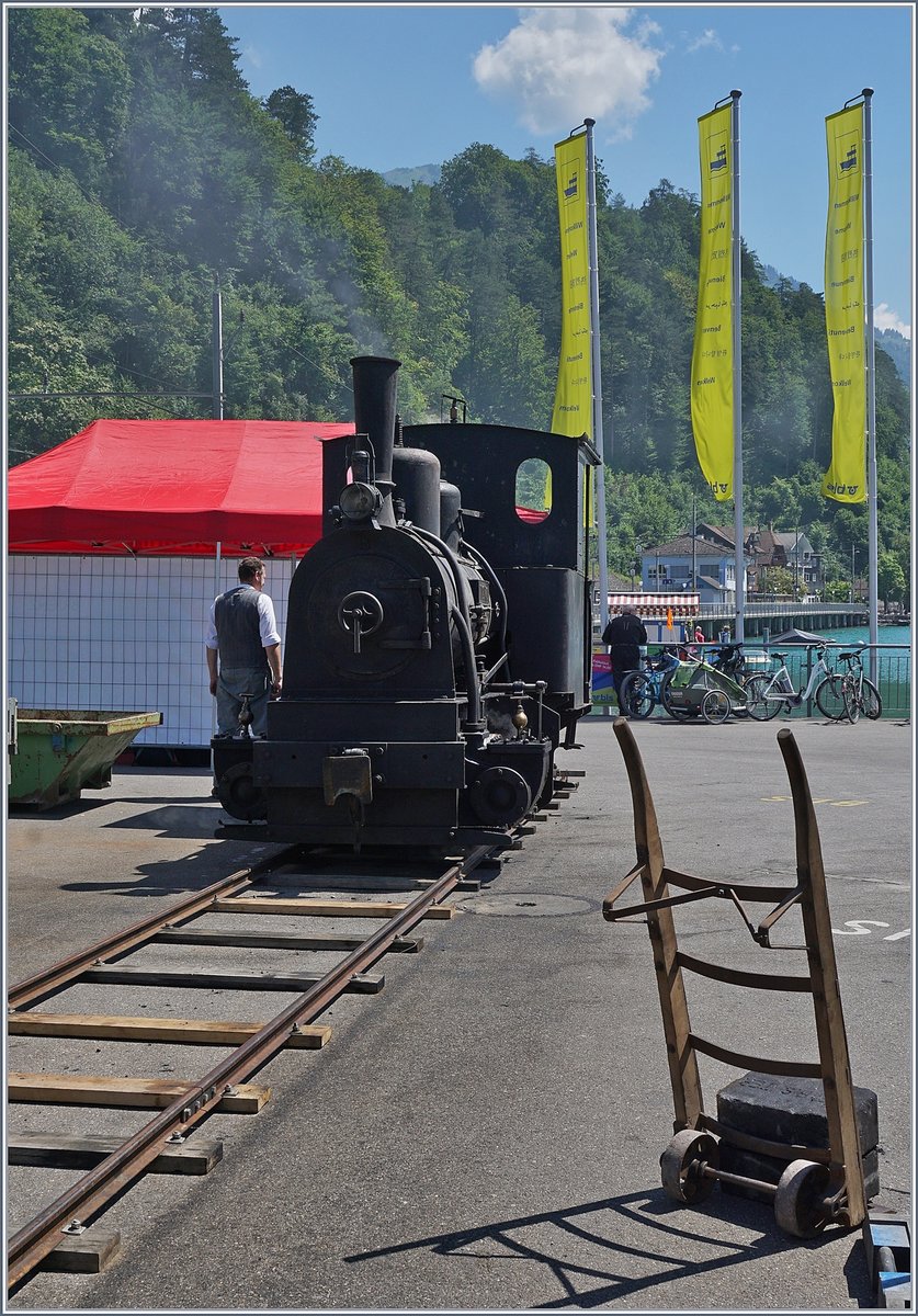 Schweizer Dampftage Brienz 2018: Von Alters her war die Magadino-Ebene eine fruchtbare Landschaft, bis 1515 ein Bergsturz die Gegend verwüstete. Mit dem Bau der Eisenbahn nach Locarno Ende des 19 Jahrhunderts wurde dann die Sumpflandschaft entwässert und der Ticino begradigt. Dazu erhielt das Consorzio Correzione del Fiume Ticino diese kleine G 2/2 Bn2t. Die Lok wurde von Arnold Jung in Jungenthal bei Kirchen im Jahre 1889 unter der Fabriknummer 59 gebaut. 1941 wurde die Lok abgestellt und am 20. Mai 2016 als Leihgabe der Familie Travani an Martin Horath abgegeben. Seit dem 3. Sept. 2016 fährt die Lok wieder. Das Bild zeigt die G 2/2  Ticino  bei Pendelfahrt auf einem eigens dazu verlegten Gleis in Brienz im Rahmen der Schweizer Dampftage Brienz 2018 und bietet sich für Führerstandsfahren an. Auch wenn die Lok nicht so schön glänzt wie die SNCF 141 R 1244 mag ich sie ganz besonders, konnte ich doch das allererste Mal auf einer Dampflok mitfahren. 30. Juni 2018