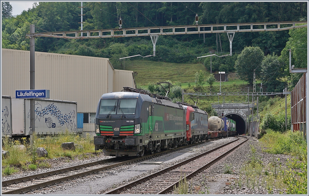 Zwei Vectron der Br 193 verlassen bei L�uffelfingen den alten Hauenstein Tunnel.

Die Strecke via L�uffelfingen wurde 1916 durch eine  NBS  abgel�st, seither verkehren hier nur noch Lokalz�ge oder wie hier zu sehen Umleitungsz�ge. 

11. Juli 2018