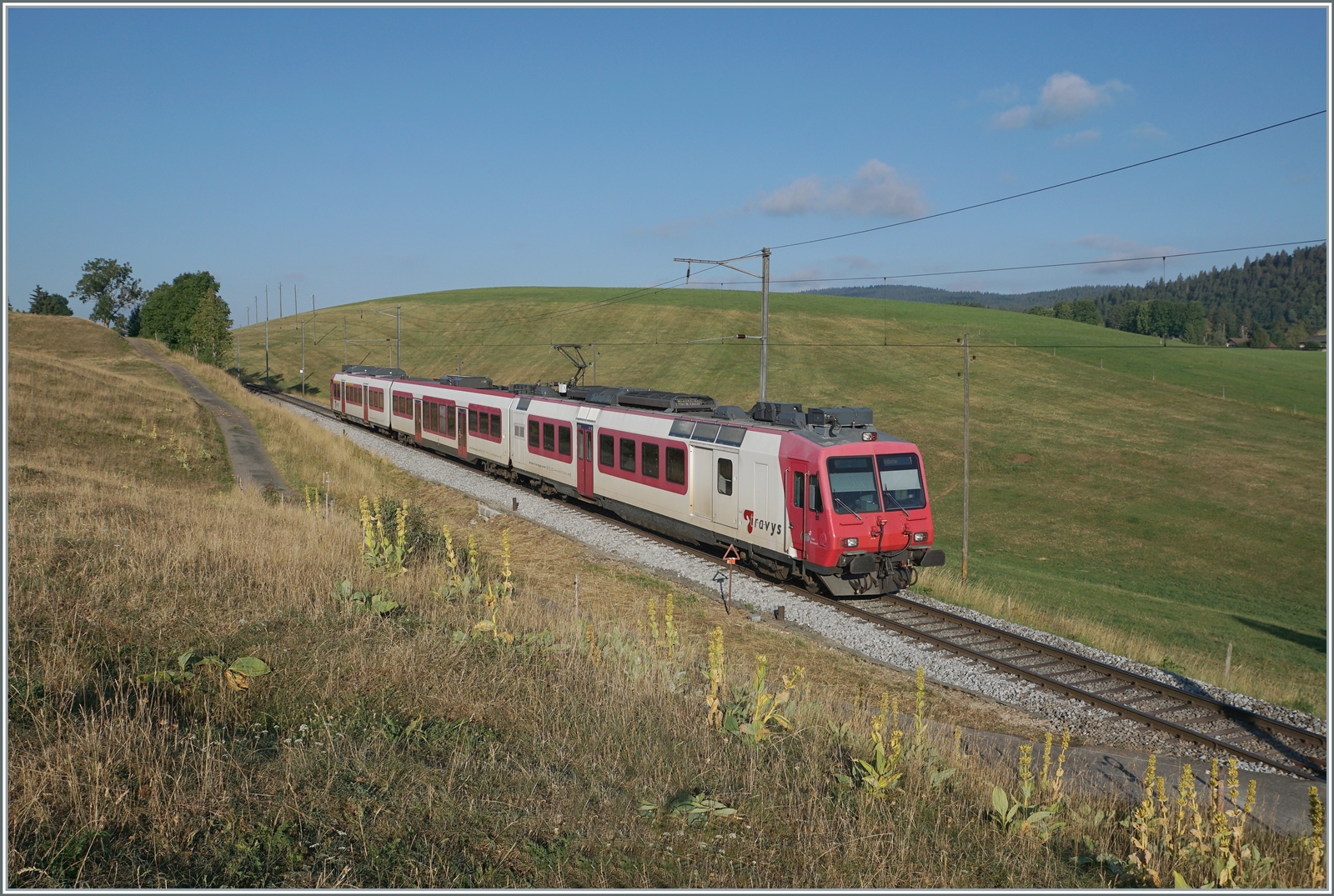 Der Travys RBDe 560 384-0 (RBDe 560 DO TR 94 85 7 560 384- CH-TVYS)  Lac Brenet  mit B und ABt ist als Regionalzug von Le Brassus nach Vallorbe kurz vor Les Charbonnières unterwegs.

21. Juli 2022