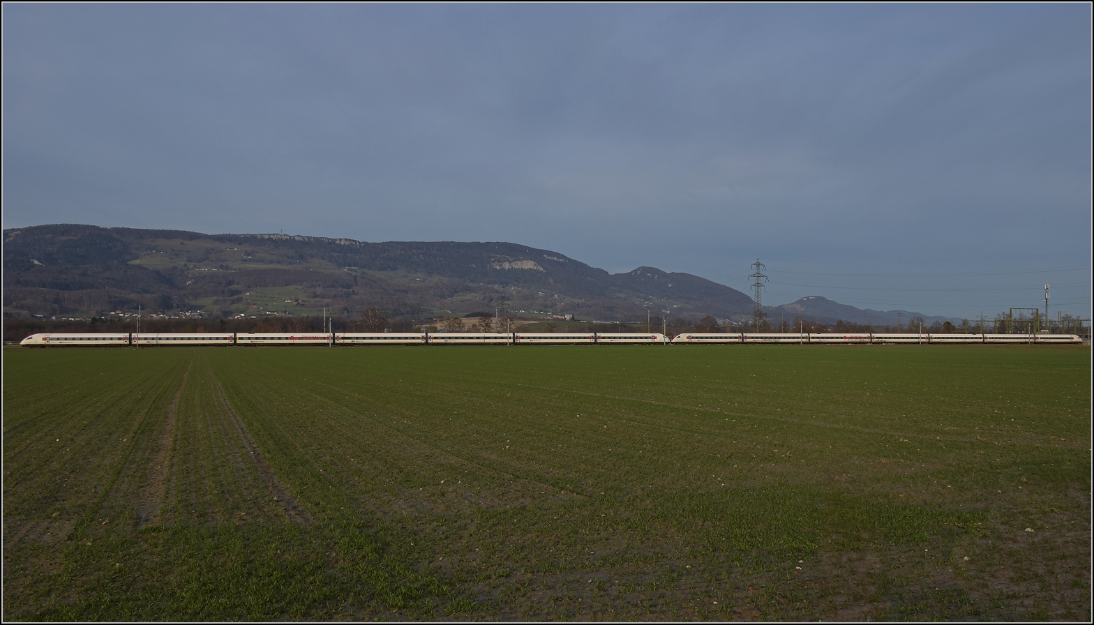 RABDe 500 013 'Jean Rudolf von Salis' und RABDe 500 023 'Charles Ferdinand Ramuz' bei Deitingen. Dezember 2023.
