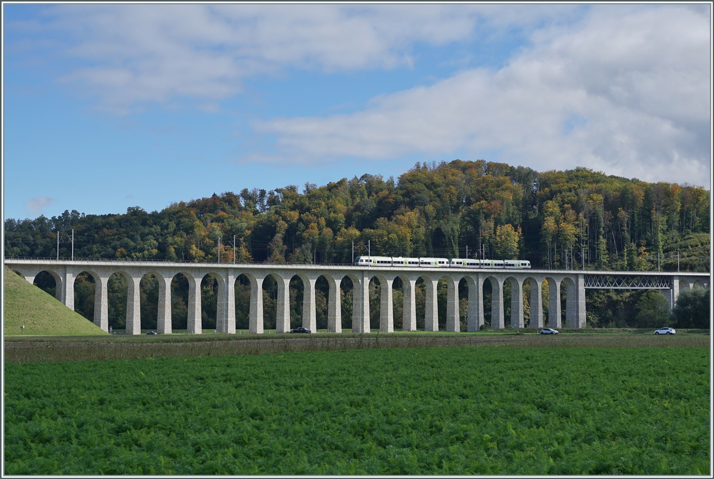 Sehr eindrücklich zeigt sich der 393 Meter lange Gümmenenviadukt über die Saane. Zwei BLS RABe 525  NINA  sind als S 5 15545 von Kerzers nach Bern unterwegs.

5. Oktober 2024