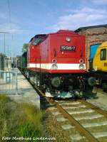 112 565-7 (202 565-8) und am anderen ende H�ngt die 91 134 beim Bahnhofsfest Putbus am 18.5.+19.5.12 / Hier steht der Zug abfahrbereit im Bahnhof Bergen auf R�gen am 19.5.12