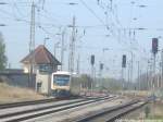 PRESS 650 032-4 beim verlassen des Bahnhofs Bergen auf R�gen in Richtung Lauterbach Mole am 30.4.14