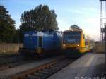 PRESS 293 021-6 abgestellt und ODEG VT 650.74 im Auftrag der PRESS beim einfahren in den Bahnhof Bergen auf R�gen am 5.9.14