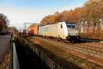 Am 27 November 2020 durchfahrt LTE 186 298 mit der Mannheim/W�rth KLV Blerick im letzten Sonnenschein.