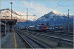 Die SBB Re 484 010 mit einer RoLa im noch schattigen Bahnhof von Domodossola.