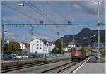 Die SBB Re 6/6 11608 (Re 520 008-3)  Wetzikon  f�hrt mit einem G�terzug in Villeneuve durch.