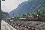 Die BLS Re 4/4 195 wartet mit einem Autotunnelzug in Iselle auf die Abfahrt nach Birg.

17. Aug. 2024