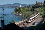 Ein SBB Flirt erreicht den Halt Veytaux Chillon.